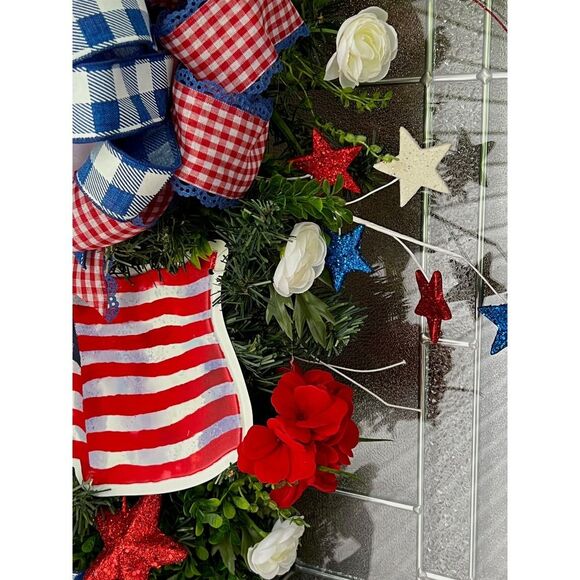 Patriotic Swag Wreath For Front Door, Red White and Blue With USA Flag Sign - Picture 5 of 6